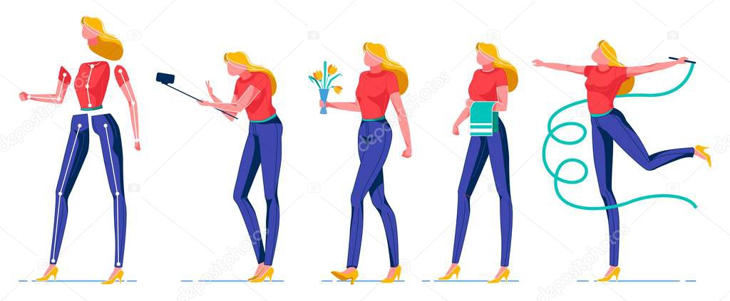 Cartoon Woman Holding Objects, Doing Things Flat.