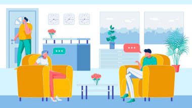 İnsanlar koltuğa oturup resepsiyonda konuşuyorlar..