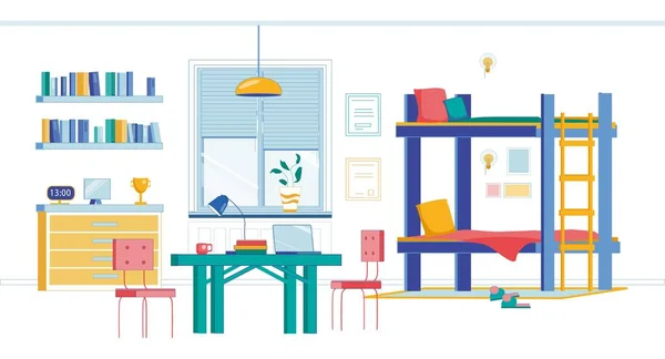 Habitación en el dormitorio de estudiantes con litera doble — Vector de stock