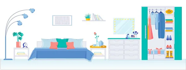 Dormitorio de estilo moderno con armario grande, plano . — Vector de stock