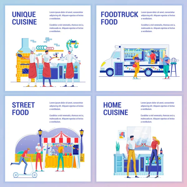 Masakan Rumah dan Unik, Foodtruck dan Street Food - Stok Vektor