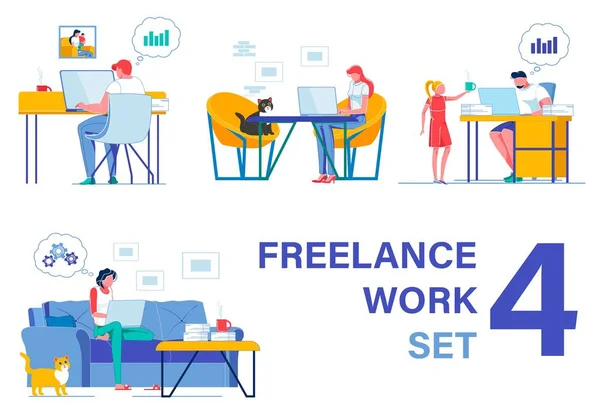 Freelancers Working from Home. Four Pieces Set — Stockvector