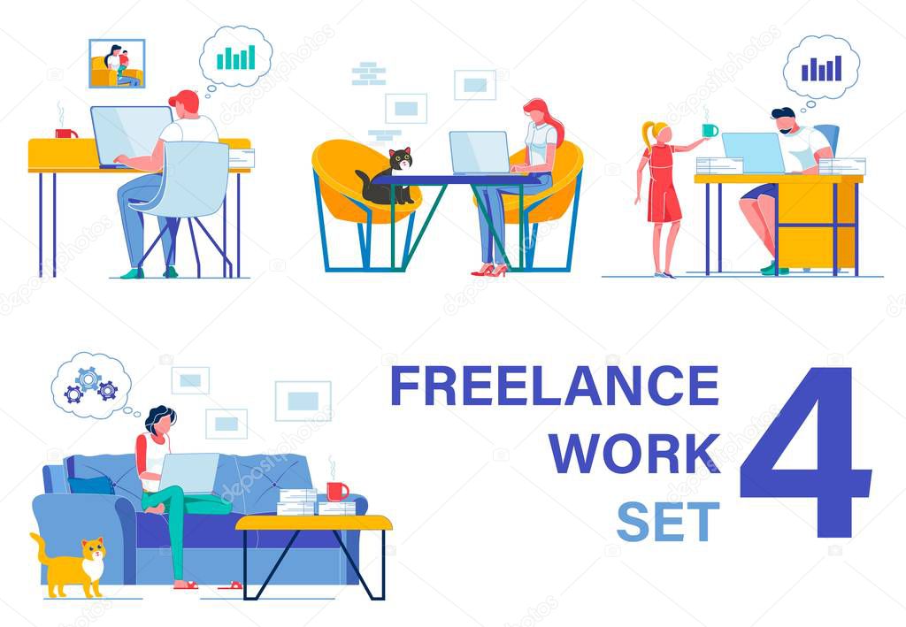 Freelancers Working from Home. Four Pieces Set