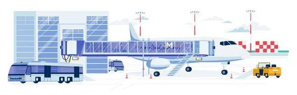 Edificio del aeropuerto con avión aterrizado y vehículo . — Archivo Imágenes Vectoriales