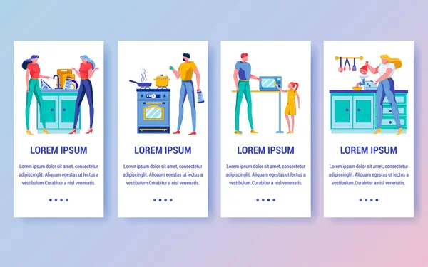 People in Kitchen Onboarding Screen Flat Template — ストックベクタ