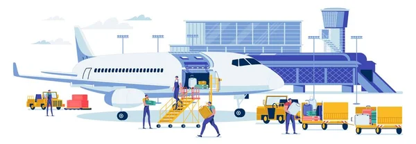 El personal del aeropuerto lleva la maleta de pasajeros al avión — Archivo Imágenes Vectoriales