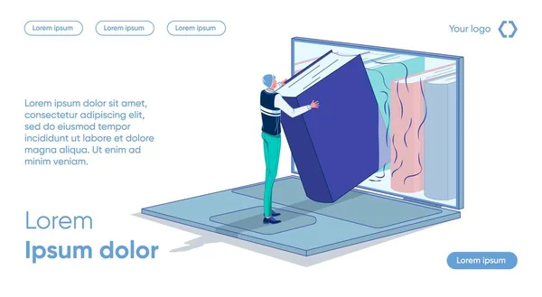 男はノートパソコンの画面上のライブラリに本を置く. — ストックベクタ