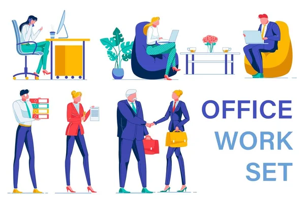 Office Work Set with Business People Busy at Desk — Stockový vektor