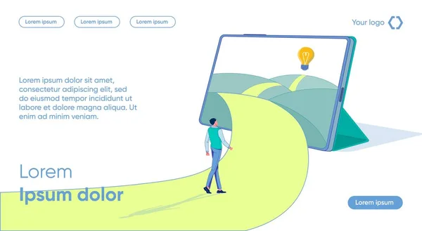 Mann folgt Weg, der durch Tablet-Glühbirne führt Stockvektor