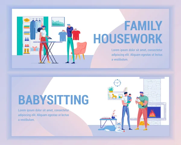 Family Housework e Pai Babysitting Banner . — Vetor de Stock