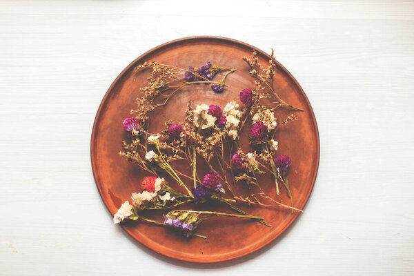 Clay plate with dry flowers on a white background, isolate