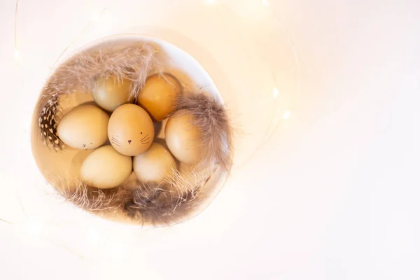 Stijlvolle paaseieren in natuurlijke kleur op een zwarte achtergrond met bloemenslingers met veren in een wihte schaal. — Stockfoto