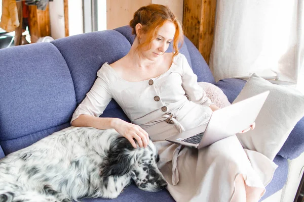 Eine schöne junge Frau sitzt in ihrem Haus und arbeitet mit ihrem Hund an einem Laptop auf der Couch. Zu Hause bleiben Stockfoto