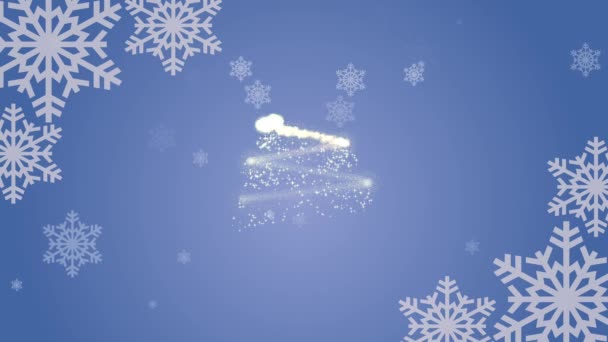 Veselé Vánoce a šťastný Nový rok pozdravy na modrém pozadí s rotující sněhové vločky a kresba vánoční strom