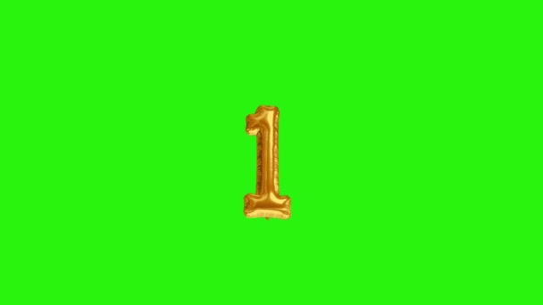 Číslo 1 první rok oslavy zlatý křídlák balón plovoucí na zelené obrazovce — Stock video