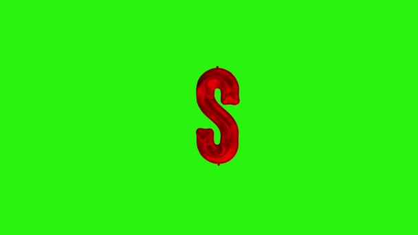 Vörös betű S. Vörös fólia hélium léggömb ábécé lebegő zöld képernyőn — Stock videók