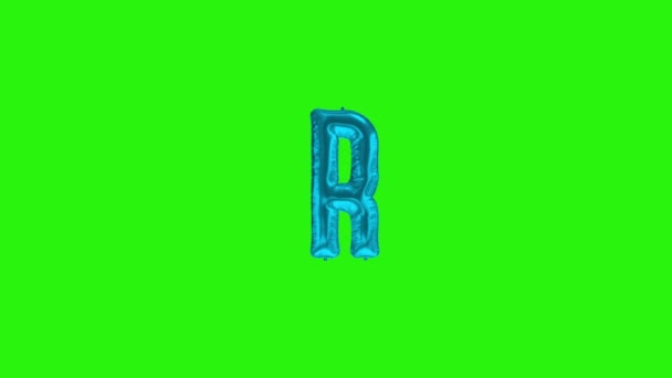 Μπλε γράμμα R. Μπλε αλουμινόχαρτο ήλιο μπαλόνι αλφάβητο επιπλέει στην πράσινη οθόνη — Αρχείο Βίντεο