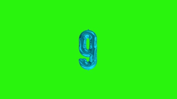 Number 9 nine ninth year celebration blue foil balloon floating on green screen — Stockvideo