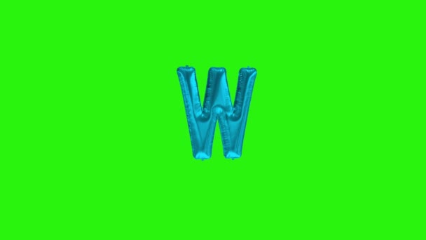 Blue letter W. Blue foil helium balloon alphabet floating on green screen — Stockvideo