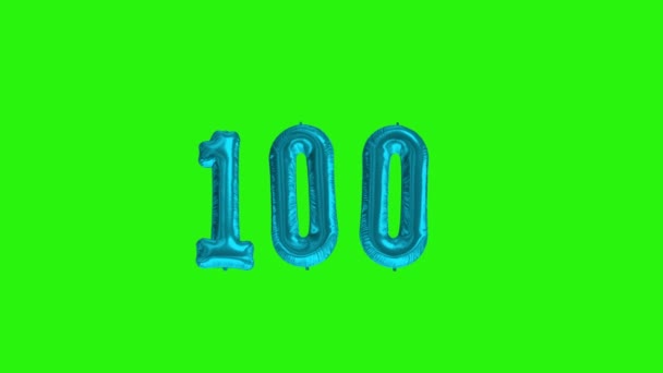 Nummer 100 honderd jaar viering blauwe folie ballon drijvende groene scherm — Stockvideo