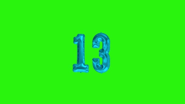 Number 13 thirteen year celebration blue foil balloon floating green screen — Stockvideo