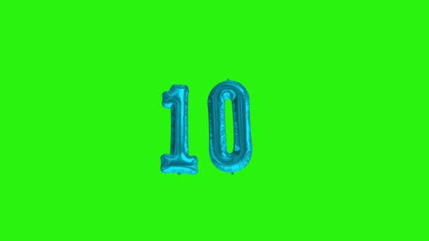 Number 10 ten year celebration blue foil balloon floating green screen — Stockvideo
