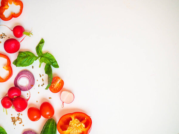 Cook frame with fresh vegetables on white background top view space for text