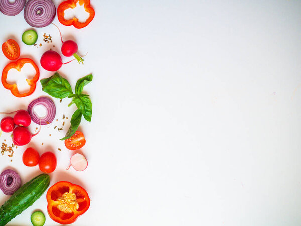 Cook frame with fresh vegetables on white background top view space for text