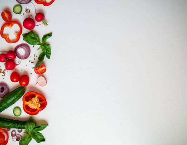 Cook frame with fresh vegetables on white background top view space for text