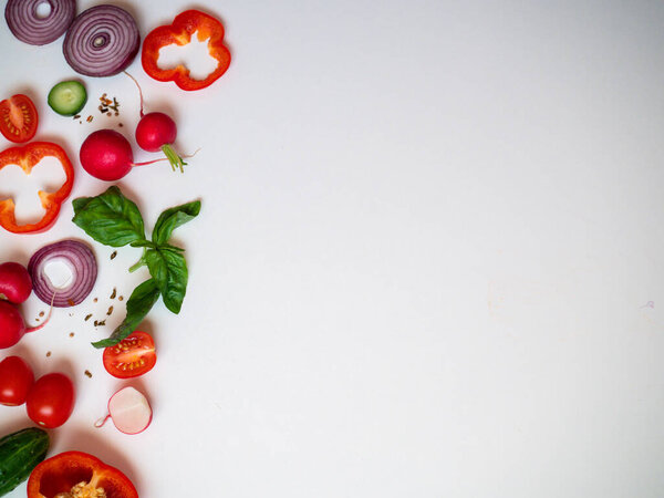 Food frame with fresh vegetables on white background top view space for text