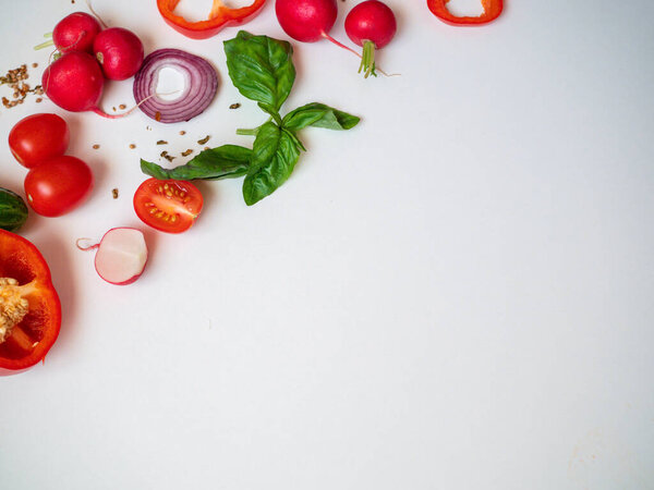 Food frame with fresh vegetables on white background top view space for text
