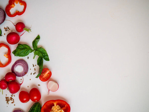 Food frame with fresh vegetables on white background top view space for text