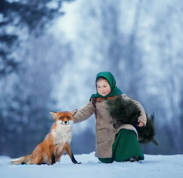 Dívka Fox Zimě — Stock fotografie