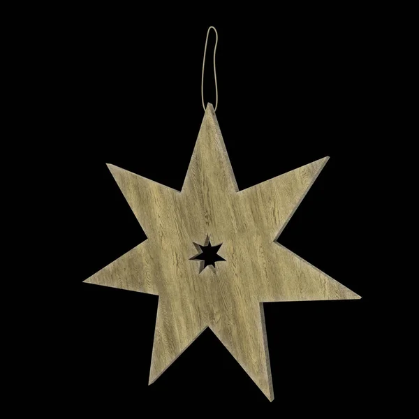 Wood Christmas star. Hanging toy on a black background. 3d-rendering