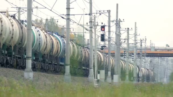 Грузовой поезд едет по железной дороге вдаль — стоковое видео