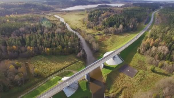 Mooie luchtfoto van weg brug over de rivier, omgeven door bos — Stockvideo
