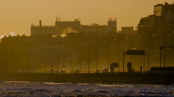 Hermosa vista del paseo marítimo en la niebla, que va coches con luces al atardecer. San Petersburgo, Rusia — Vídeos de Stock