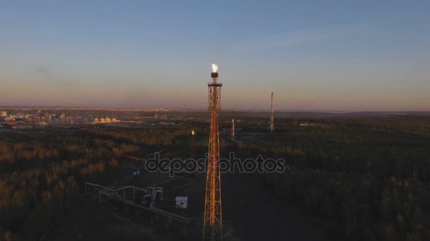 Башня с факелом на нефтеперерабатывающем заводе среди лесов на закате. Вид с воздуха — стоковое видео