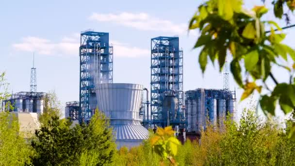 Oil refinery with green leaves in the foreground. Industry and the environment together — Stock Video