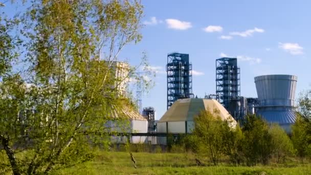 Rama con hojas verdes en la refinería de petróleo de fondo. Industria y medio ambiente juntos — Vídeos de Stock