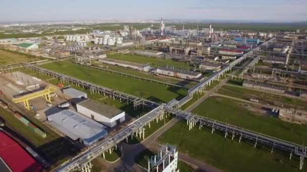 Una enorme refinería de petróleo con tuberías y destilación del complejo en un campo verde. Vista aérea — Vídeo de stock