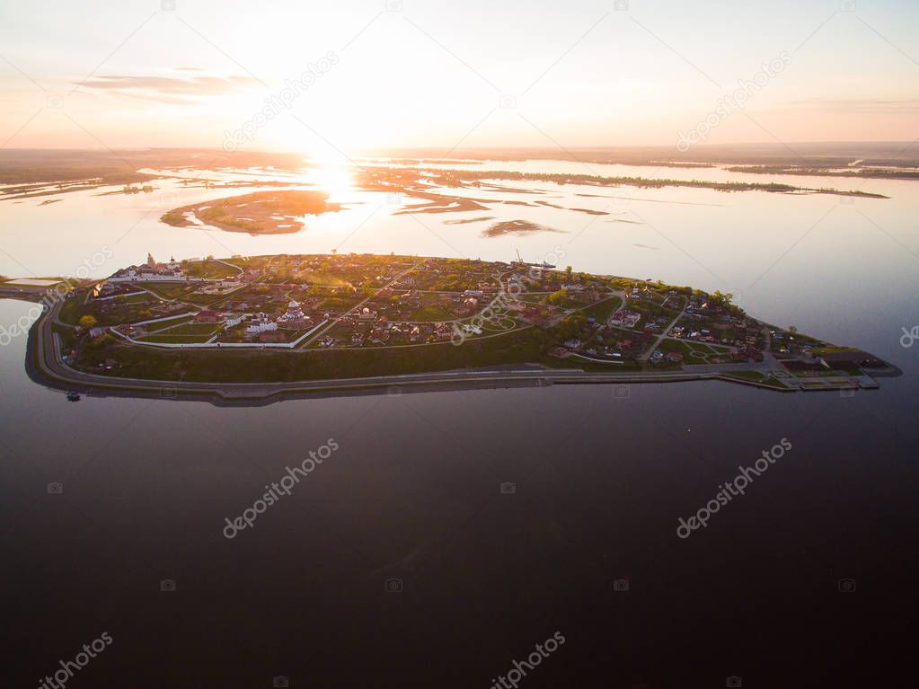 Island-town Sviyazhsk at the sunset. Aerial view