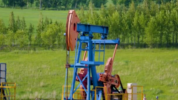 Working oil pump on the ground among the green fields — Stock Video