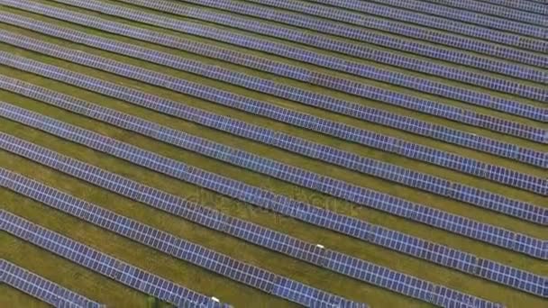 Сонячні панелі на зеленій траві з блакитним небом — стокове відео