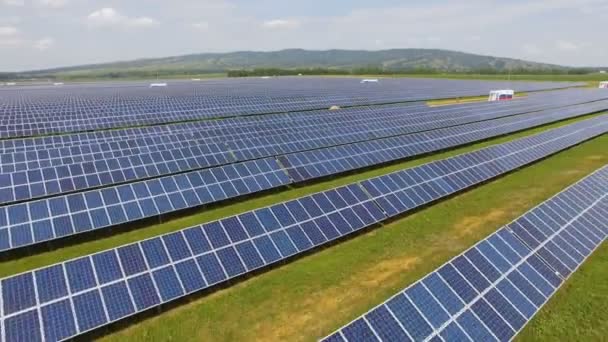 Крупним планом сонячні панелі на зеленій траві з блакитним небом — стокове відео