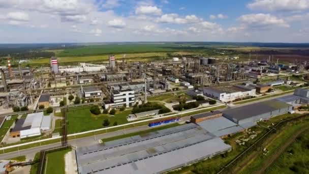 Una enorme refinería de petróleo con tuberías y destilación del complejo en un campo verde rodeado de bosque. Vista aérea — Vídeos de Stock