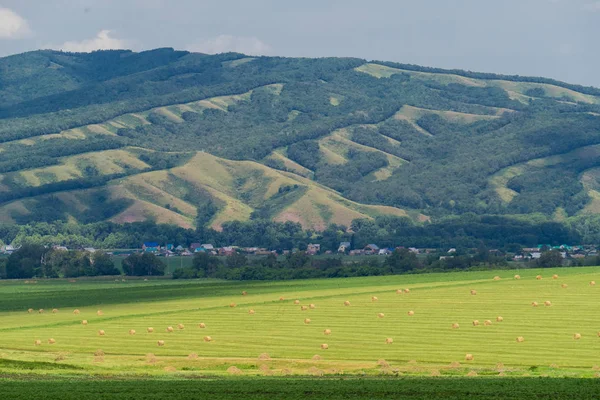 Pemandangan yang indah dari lapangan dengan jerami bales terhadap bukit besar — Stok Foto