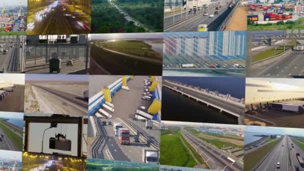 Trucks and transport collage. Highway and delivering. Warehouse Stock Video