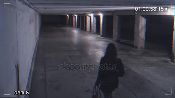 Ein Mädchen in einer Unterführung ausgeraubt. Aufnahme aus einer Überwachungskamera — Stockvideo