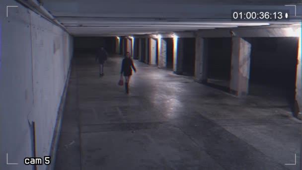 Een meisje in een onderdoorgang beroven. Opname van een bewakingscamera — Stockvideo